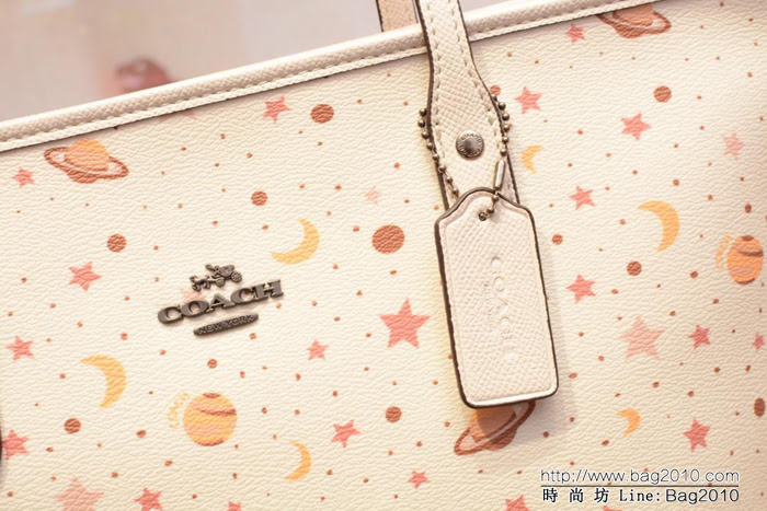 COACH蔻馳 F30058新款 拉鏈托特購物袋單肩包 十字紋頭層牛皮 星空圖案  Chz1428